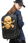 Gold laptop backpack in waterproof vegan leather | unisex travel backpack with skull & studs | punk backpack with 3d embossed skull & cross bones | Cool backpack with skull & studs 
