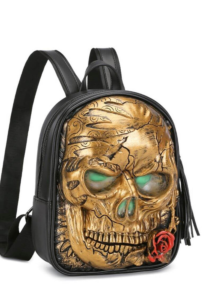 Gold women backpack with 3D embossed skull | Cool backpack with 3D sculpted skull | punk backpack with skull | gothic backpack with embossed skeleton head | personalized backpack with skull | small backpack with skull | mini backapck in waterproof vegan leather with skull | Chic backpack with skull