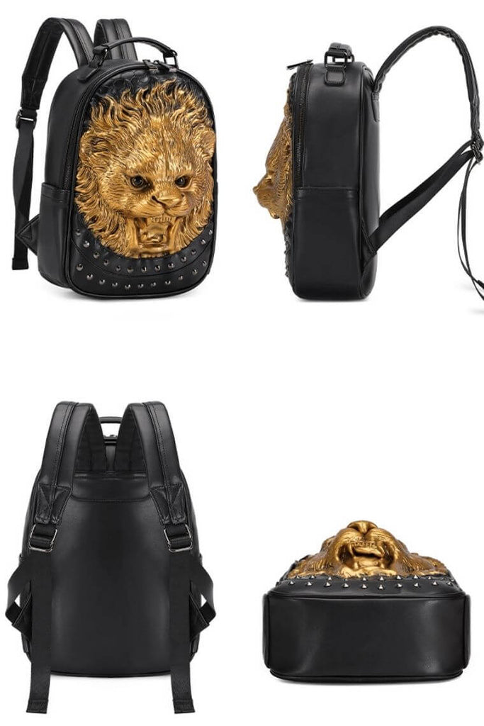Gold Unisex punk backpack with 3D sculpted lion head | waterproof travel backpack with gothic lion head | Laptop backpack with studs | Gothic backpack with 3D embossed lion head | Cool backpack with lion | Custom backpack with lion & studs