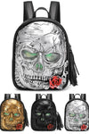 Silver women backpack with 3D embossed skull | Cool backpack with 3D sculpted skull | punk backpack with skull | gothic backpack with embossed skeleton head | personalized backpack with skull | small backpack with skull | mini backapck in waterproof vegan leather with skull | Chic backpack with skull