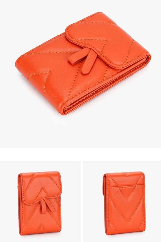 Orange card holder with flap | card holder wallet in quilted leather | business card holder with press stud