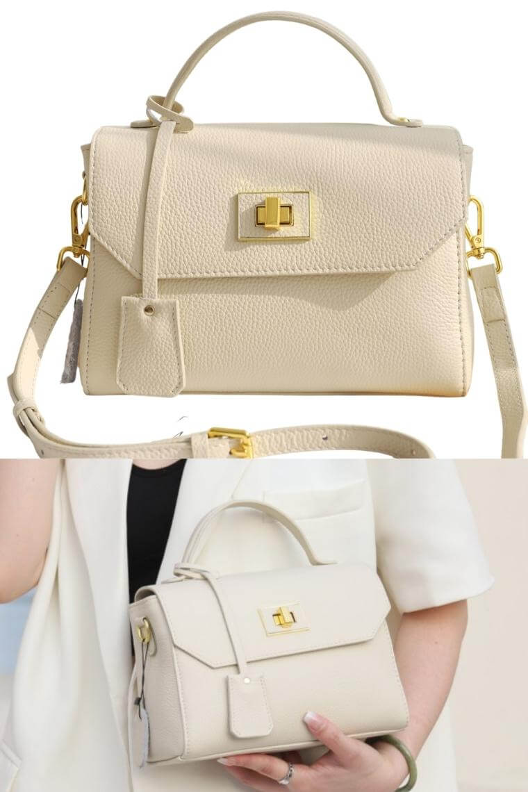 White women leather messenger bag with turn lock | leather crossbody bag with flap | leather shoulder bag with top handle | leather carry bag with crossbody strap | leather side purse with turn lock | fashion soho bag with turn lock