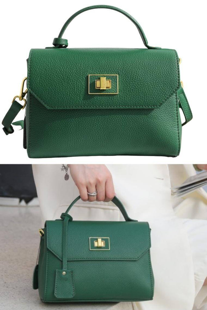 Green women leather messenger bag with turn lock | leather crossbody bag with flap | leather shoulder bag with top handle | leather carry bag with crossbody strap | leather side purse with turn lock | fashion soho bag with turn lock