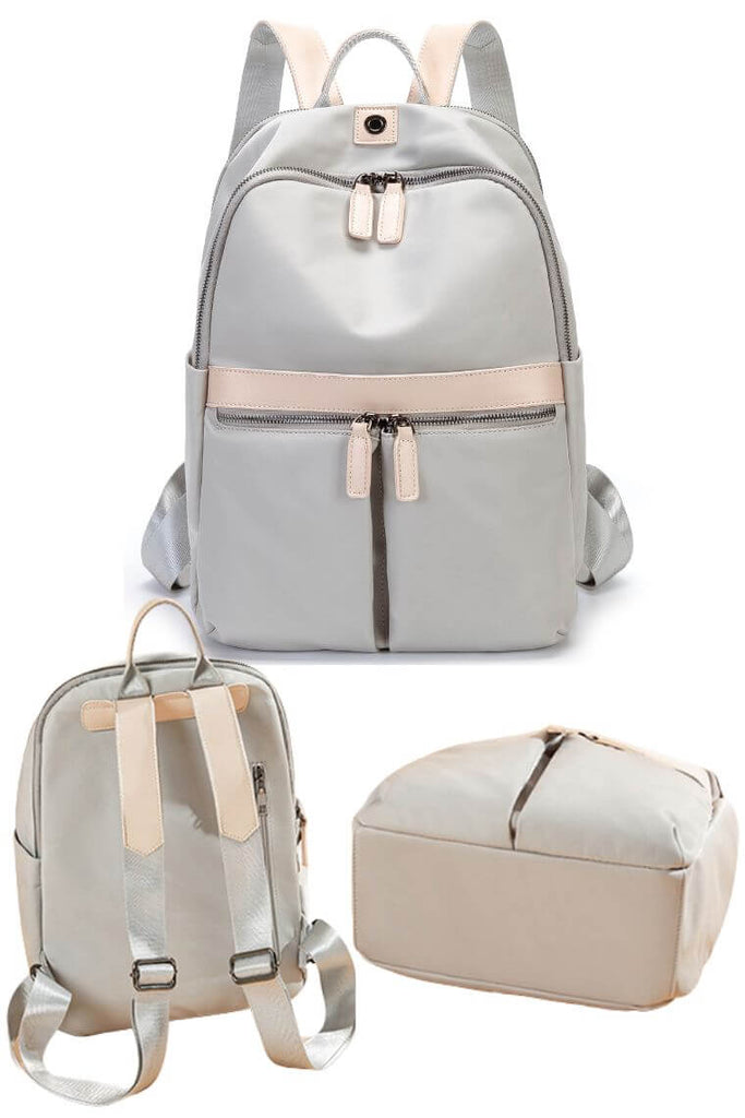 Light grey women backpack in waterproof oxford fabric | travel backpack with 8 pockets | fashion daypack with multi-pockets | convertible backpack pusre with leather trim  