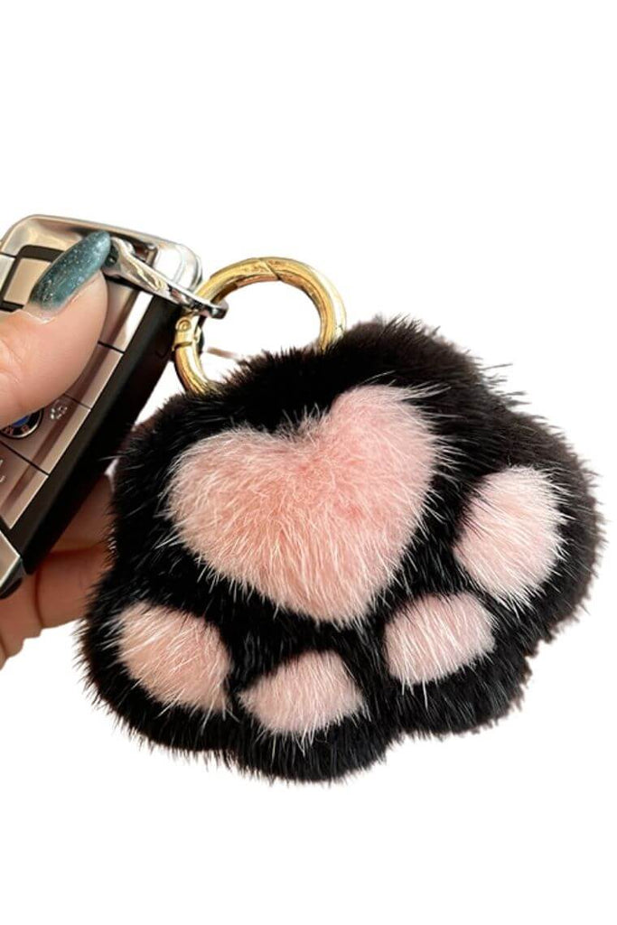 PIKOBAG Pom Pom Fur Ball Keychain | Paw Print Fur Ball | Fluffy Car Keyring | Bag Charm in Real Mink Fur Ball Black+Pink