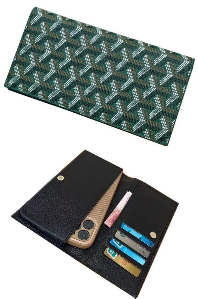 Green phone wallet in printed leather | Iphone 13 pro wallet case | card holder phone case in leather | cell phone wallet | wallet with phone case