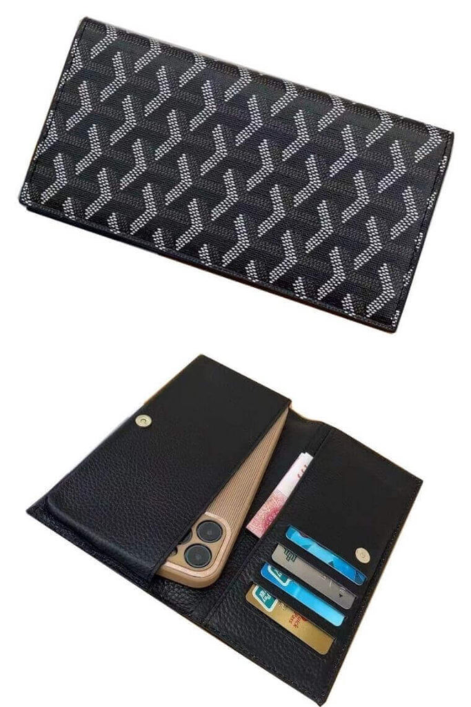Black phone wallet in printed leather | Iphone 13 pro wallet case | card holder phone case in leather | cell phone wallet | wallet with phone case