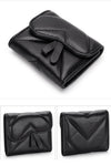 Black women card holder in quilted leather | Card holder wallet with flap | Leather slim wallet with press stud closure | soft leather card case  with money clip