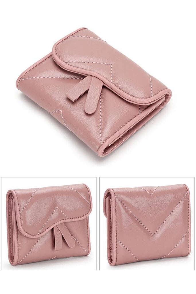 Pink women card holder in quilted leather | Leather card holder wallet with flap | Leather slim wallet with press stud closure | Soft leather card case with money clip