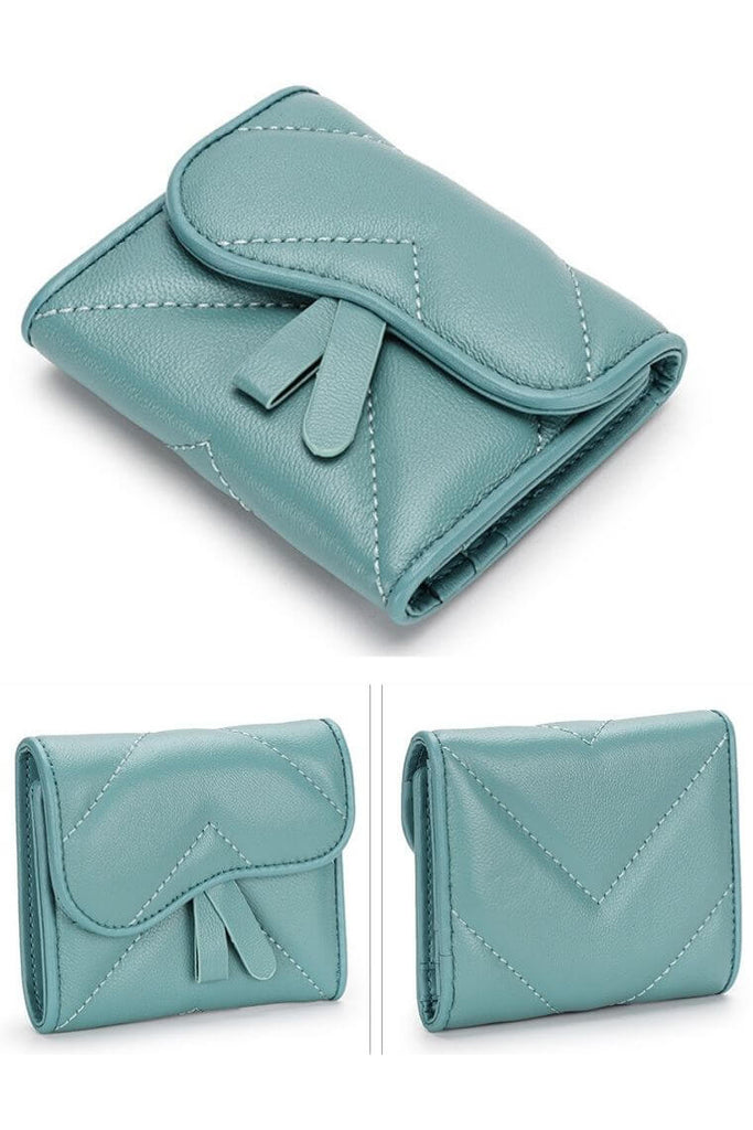 green women leather card holder in quilted leather | card holder wallet with flap | soft leather card case with money clip | leather front pocket wallet with press stud closure