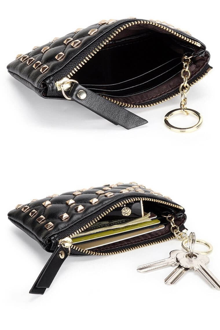 Zip coin pouch in quilted leather with studs