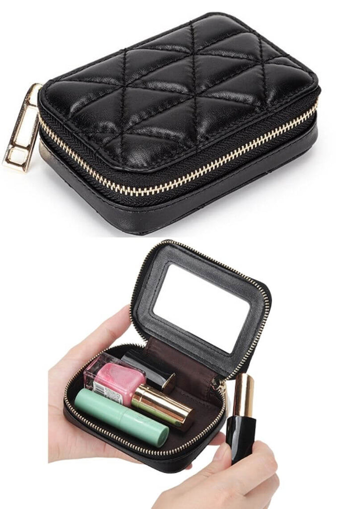Cream Lipstick Case W-Mirror | Jewelry Box Organizer in Quilted Leather | Leather Coin Purse W-Zipper | Small Makeup Bag| Filinapo