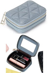 Light blue lipstick case w-mirror | Small makeup bag in quilted leather | Small cosmetic bags in leather | leather travel jewelry case | leather coin pouch | leather jewelry case | mini makeup bag w-mirror | lipstick pouch with zippers | leather change holder