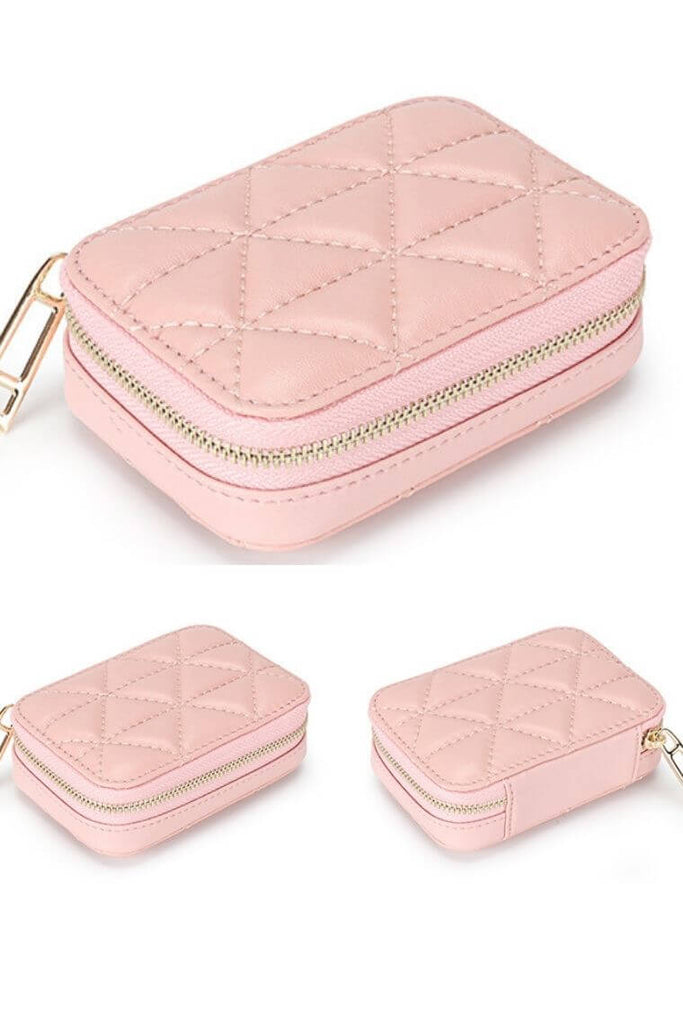 Pink Lipstick Case W-Mirror | Jewelry Box Organizer in Quilted Leather | Leather Coin Purse W-Zipper | Small Makeup Bag| Filinapo