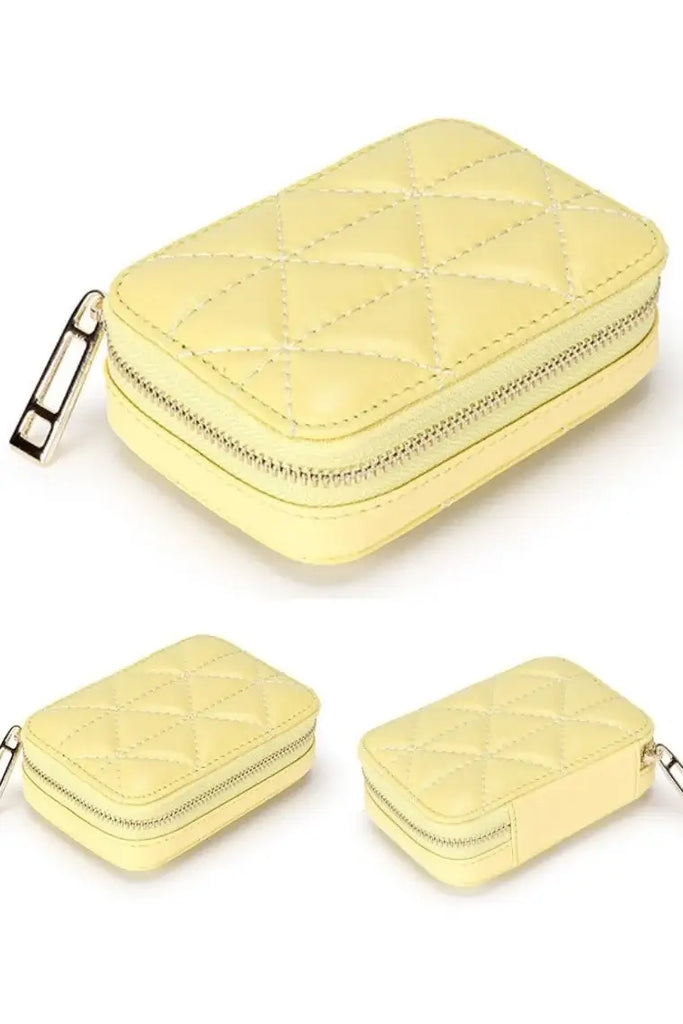 Yellow lipstick case w-mirror | Small makeup bag in quilted leather | Small cosmetic bags in leather | leather travel jewelry case | leather coin pouch | leather jewelry case | mini makeup bag w-mirror | lipstick pouch with zippers | leather change holder