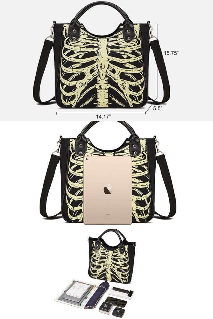 ribcage skeleton satchel bag | punk bag with skeleton print | glow in the dark canvas bag