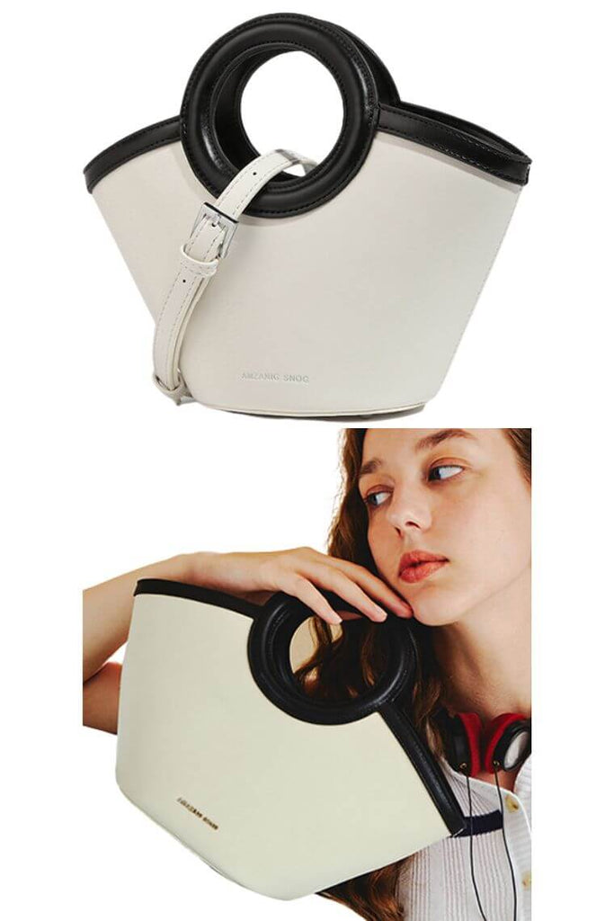 ladies small bag in white & black with crossbody strap & top handles with small pouch