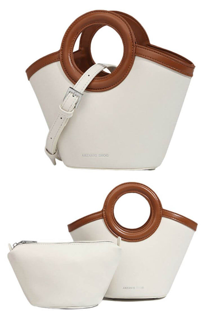 ladies small bag in white & brown with crossbody strap & top handles with small pouch