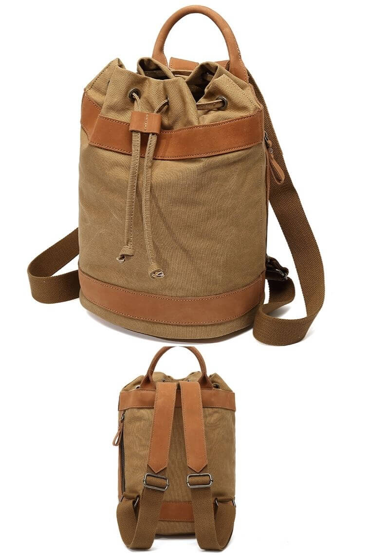 brown travel backpack in cylinder shape | waterproof canvas backpack for women | drawstring backpack for girls | women day pack in canvas with leather trim | carry on backpack with drawstring closure | dry day backpack