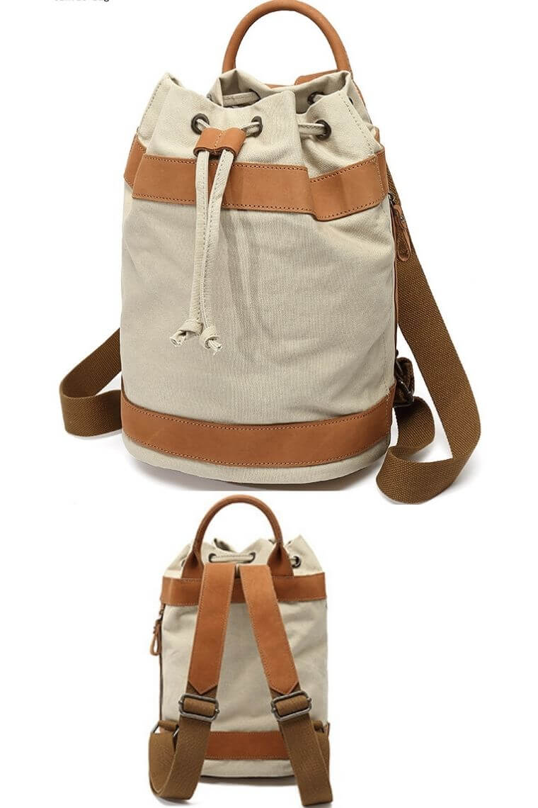 cream travel backpack in cylinder shape | waterproof canvas backpack for women | drawstring backpack for girls | women day pack in canvas with leather trim | carry on backpack with drawstring closure | dry day backpack