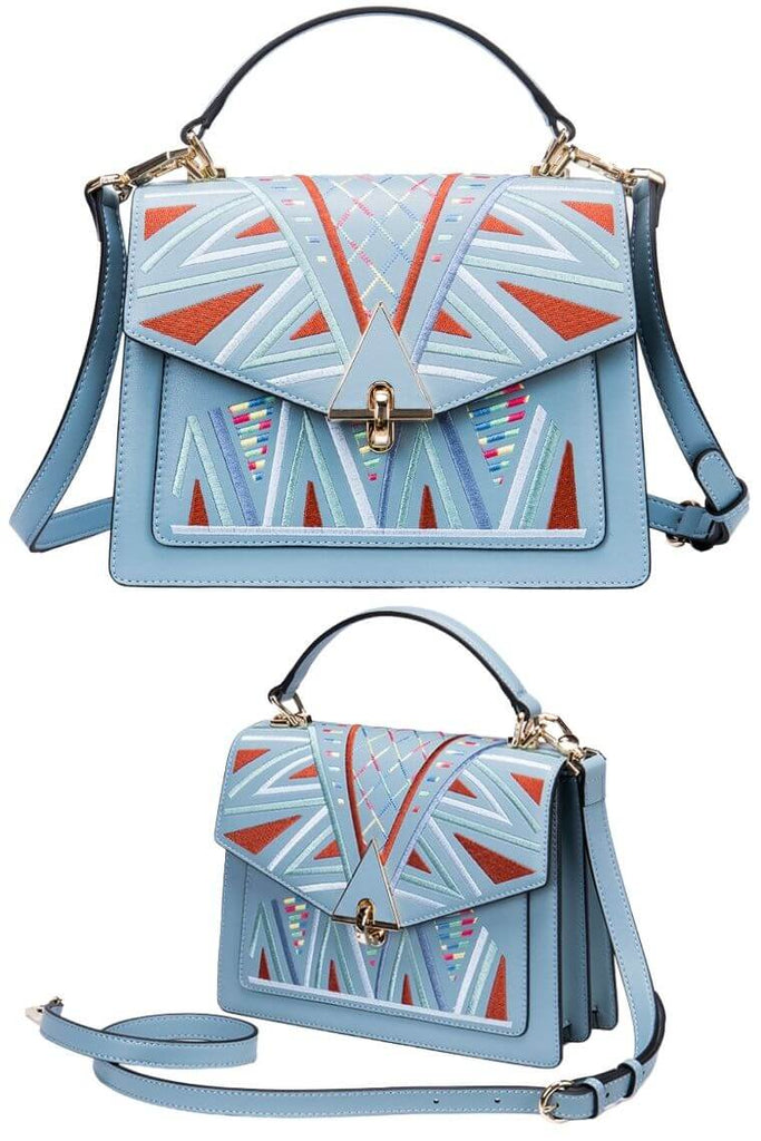 Turquoise multicolor embroidery leather bag