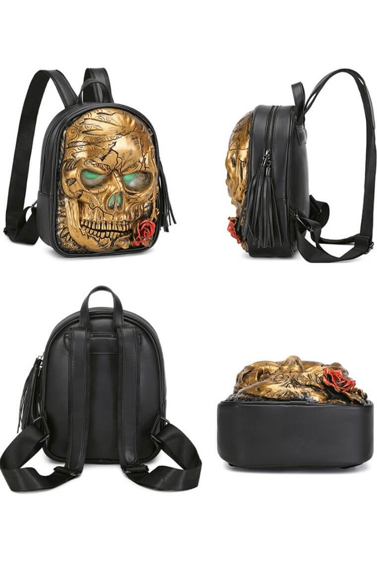 3d skull leather backpack Black Women Backpack W-3D Sculpted Skull | Waterproof Travel Backpack W-Gothic Skull