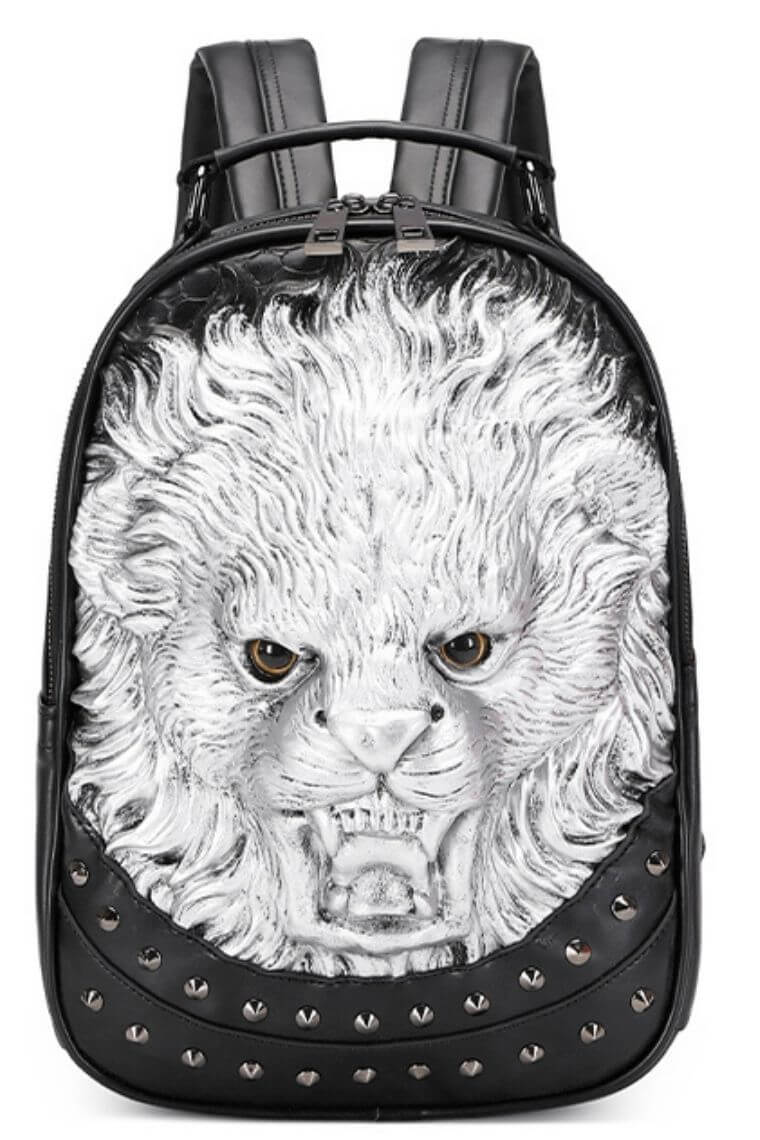 White Unisex punk backpack with 3D sculpted lion head | waterproof travel backpack with gothic lion head | Laptop backpack with studs | Gothic backpack with 3D embossed lion head | Cool backpack with lion | Custom backpack with lion & studs