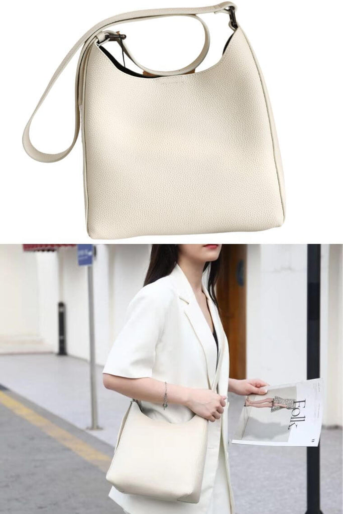 White bucket bag in real leather with pouch | leather crossbody bucket bag | designer bucket bag with long strap | Bucket purse with pouch in genuine leather