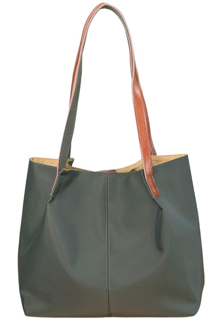 army green women tote bag in waterproof nylon  | fashion tote bag for work  } summer beach tote bag for vacation | travel laptop tote bag  | everyday shopping tote bag with leather trim