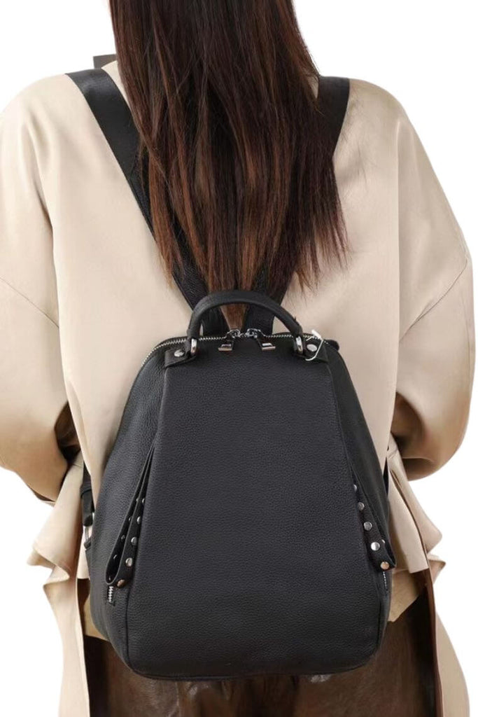 Ladies black backpack purse in real leather for travel or work with convertible strap and anti-theft concealed zip pockets