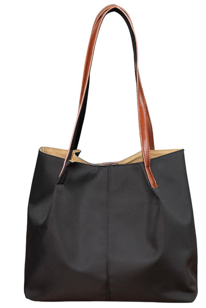 black women tote bag in waterproof nylon | fashion tote bag for work } summer beach tote bag for vacation | travel laptop tote bag | everyday shopping tote bag with leather trim