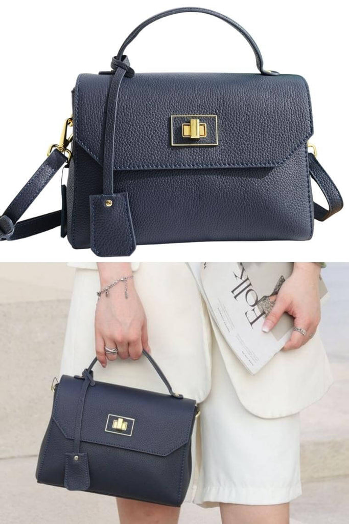 Navy women leather messenger bag with turn lock | leather crossbody bag with flap | leather shoulder bag with top handle | leather carry bag with crossbody strap | leather side purse with turn lock | fashion soho bag with turn lock