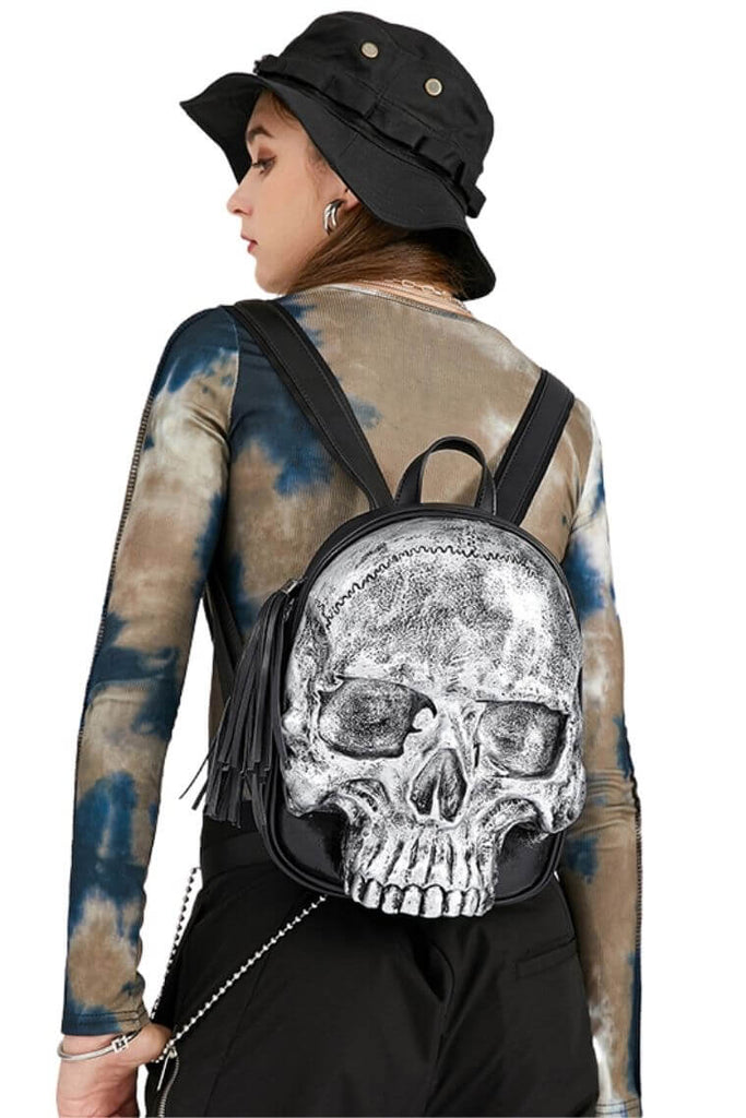 Women cool backpack with 3D embossed skull head | punk backpack with skull | gothic backpack with embossed skeleton head | personalized backpack with skull head | small backpack with skull head | mini backapck in waterproof vegan leather with skull head 