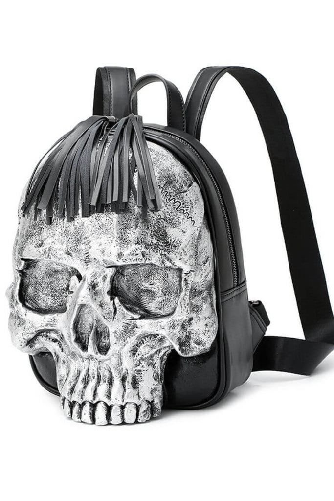 Women cool backpack in silver with 3D embossed skull head | punk backpack with skull | gothic backpack with embossed skeleton head | personalized backpack with skull head | small backpack with skull head | mini backapck in waterproof vegan leather with skull head