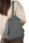 Ladies green backpack purse in real leather for travel or work with convertible strap and anti-theft concealed zip pockets
