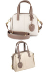 Grey & white leather boston bag with top handles & crossbody strap | fashion ladies purse with zip closure & hanging charm | leather square bag with wide strap | leather shoulder bag with carry handles