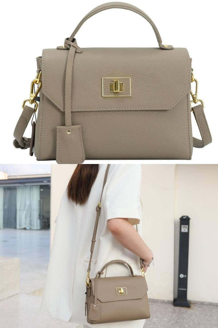Grey women leather messenger bag with turn lock | leather crossbody bag with flap | leather shoulder bag with top handle | leather carry bag with crossbody strap | leather side purse with turn lock | fashion soho bag with turn lock