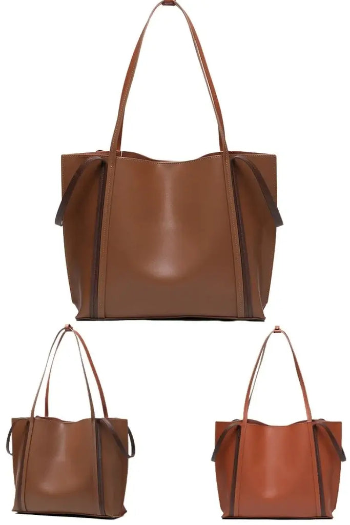 Double faced bag in brown & cognac | women leather tote bag with pouch | leather tote purse without lining | work tote bag with short & long handles | shoulder bag with magnet closure | leather shopping bag  in two tone color | leather carry bag with zip pouch | leather satchel bag with convertible handles