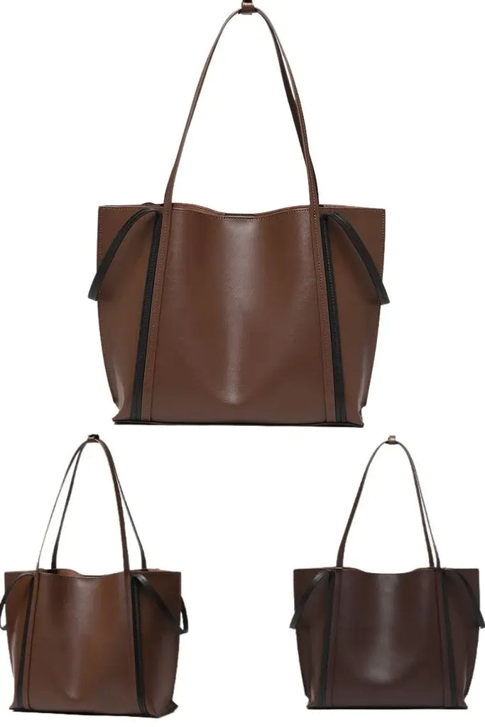 Double faced bag in brown & dark brown | women leather tote bag with pouch | leather tote purse without lining | work tote bag with short & long handles | shoulder bag with magnet closure | leather shopping bag in two tone color | leather carry bag with zip pouch | leather satchel bag with convertible handles