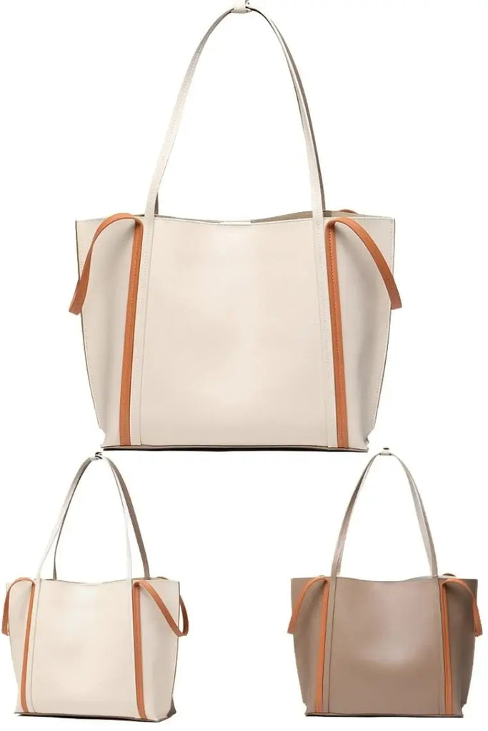 Double faced bag in white & sand | women leather tote bag with pouch | leather tote purse without lining | work tote bag with short & long handles | shoulder bag with magnet closure | leather shopping bag in two tone color | leather carry bag with zip pouch | leather satchel bag with convertible handles