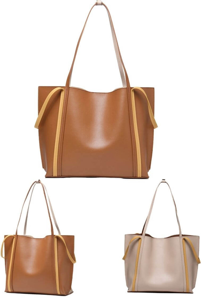 Double faced bag in brown & beige | women leather tote bag with pouch | leather tote purse without lining | work tote bag with short & long handles | shoulder bag with magnet closure | leather shopping bag in two tone color | leather carry bag with zip pouch | leather satchel bag with convertible handles